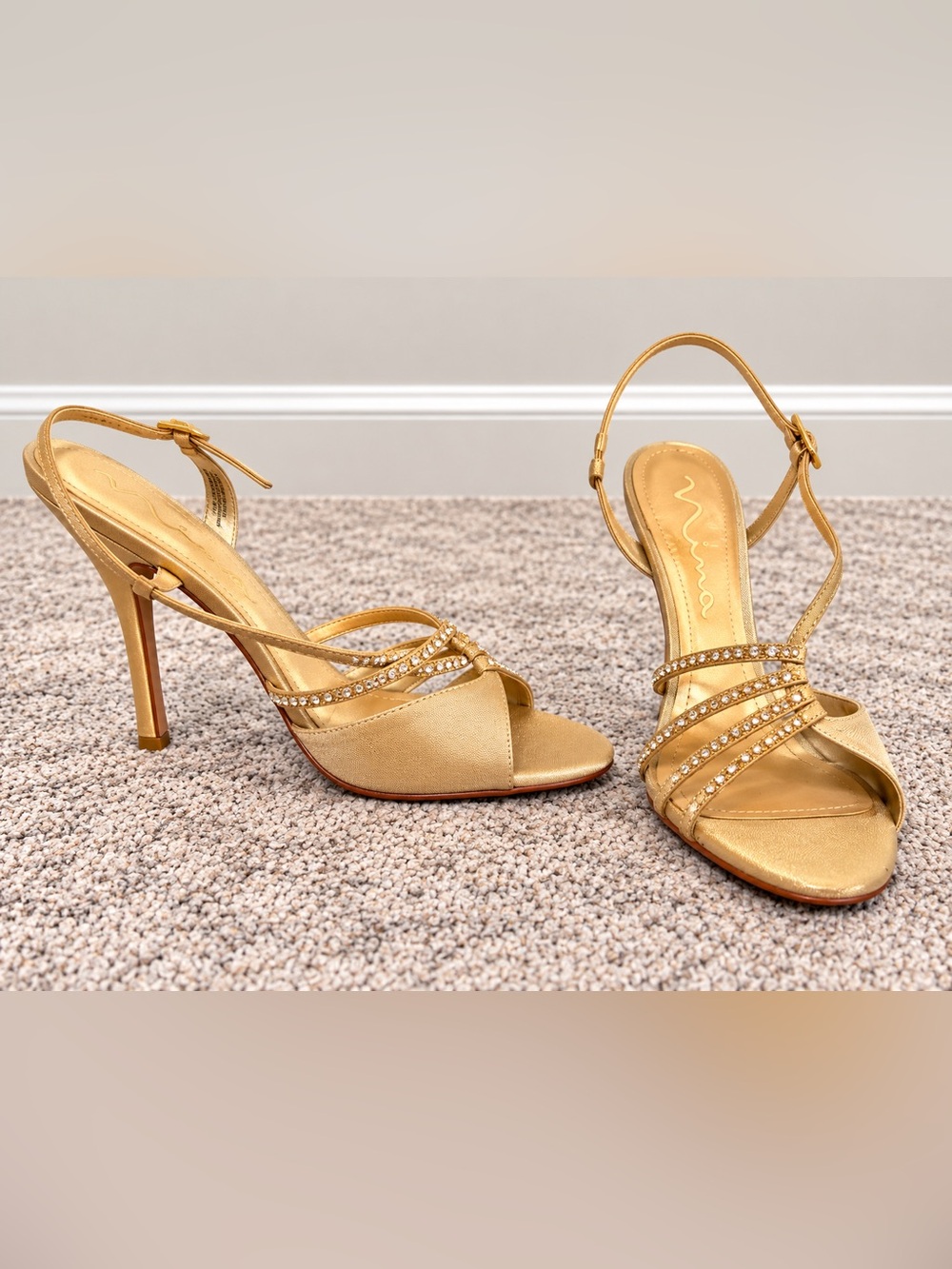 Nina Gold Strappy Crystal Slingback Heels